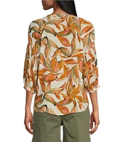 Westbound Petite Size Floral Elbow Puff Sleeve Partial Button Front Top