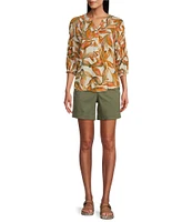 Westbound Petite Size Floral Elbow Puff Sleeve Partial Button Front Top