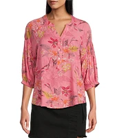 Westbound Petite Size Floral Elbow Puff Sleeve Partial Button Front Top