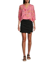 Westbound Petite Size Floral Elbow Puff Sleeve Partial Button Front Top