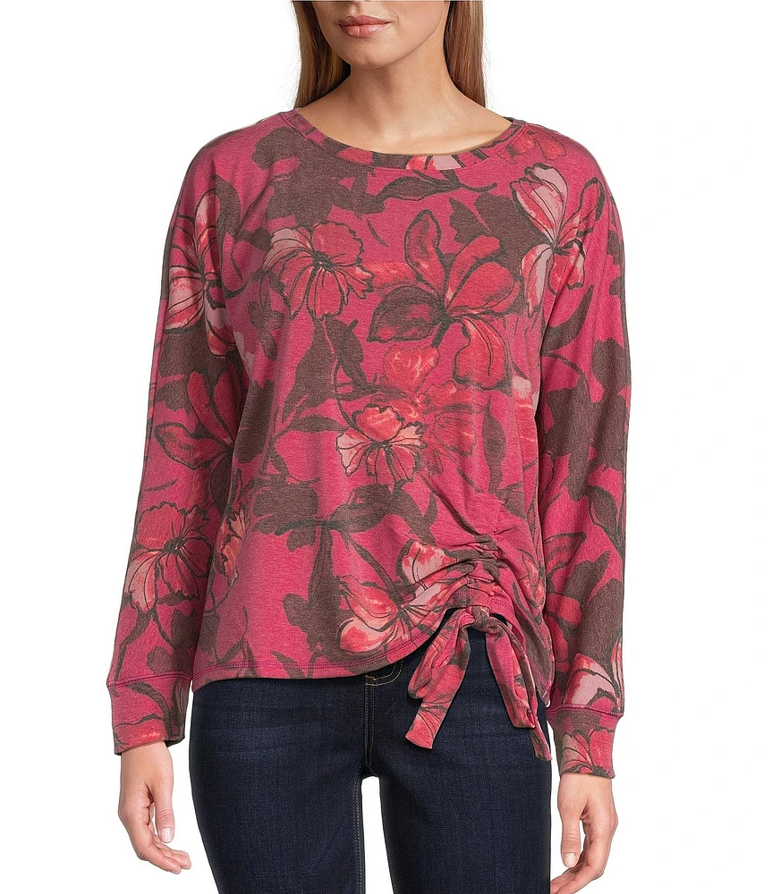 Westbound Petite Size Floral Layers Print Knit Long Sleeve Crew Neck Ruched Shirt