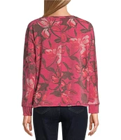 Westbound Petite Size Floral Layers Print Knit Long Sleeve Crew Neck Ruched Shirt