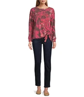 Westbound Petite Size Floral Layers Print Knit Long Sleeve Crew Neck Ruched Shirt