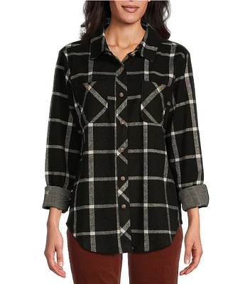 Westbound Petite Size Grid Plaid Long Sleeve Collared Button Front Top