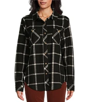 Westbound Petite Size Grid Plaid Long Sleeve Collared Button Front Top