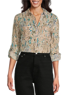 Westbound Petite Size Ikat Animal 3/4 Roll-Tab Sleeve Point Collar Y-Neck Button Front Top