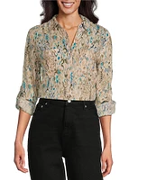 Westbound Petite Size Ikat Animal 3/4 Roll-Tab Sleeve Point Collar Y-Neck Button Front Top