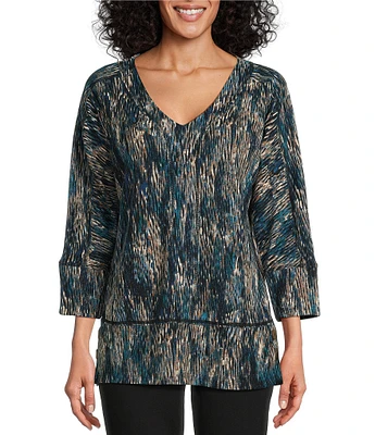 Westbound Petite Size Knit 3/4 Sleeve V-Neck Button Abstract Print Side Hem Top