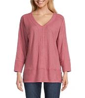 Westbound Petite Size Knit 3/4 Sleeve V-Neck Button Side Hem Top