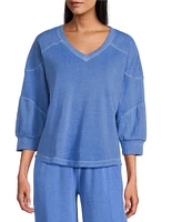 Westbound Petite Size Knit 3/4 Sleeve V-Neck Stripe Detail Top