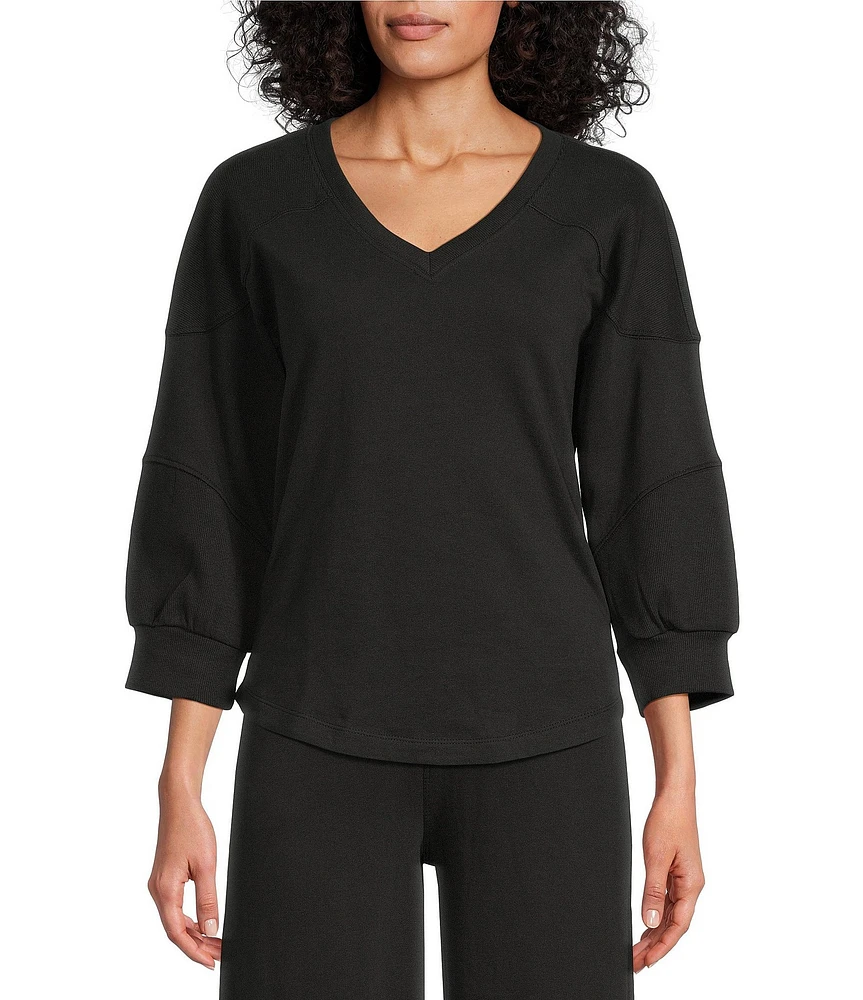 Westbound Petite Size Knit 3/4 Sleeve V-Neck Stripe Detail Top