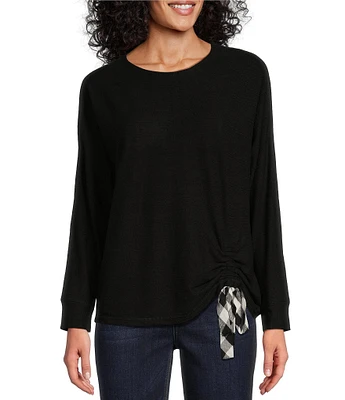 Westbound Petite Size Knit Long Sleeve Crew Neck Ruched Shirt