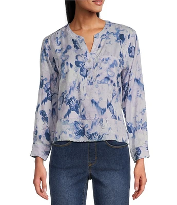 Westbound Petite Size Layered Splatter Woven 3/4 Roll-Tab Sleeve Henley Patch Pocket Top