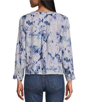 Westbound Petite Size Layered Splatter Woven 3/4 Roll-Tab Sleeve Henley Patch Pocket Top