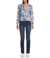 Westbound Petite Size Layered Splatter Woven 3/4 Roll-Tab Sleeve Henley Patch Pocket Top