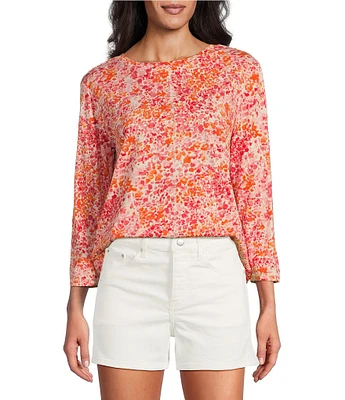 Westbound Petite Size Meadow Multi Floral 3/4 Sleeve Knit Crew Neck Top
