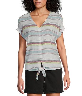 Westbound Petite Size Meadow Stripe Short Sleeve V-Neck Tie Front Top