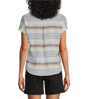 Westbound Petite Size Meadow Stripe Short Sleeve V-Neck Tie Front Top