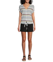 Westbound Petite Size Meadow Stripe Short Sleeve V-Neck Tie Front Top