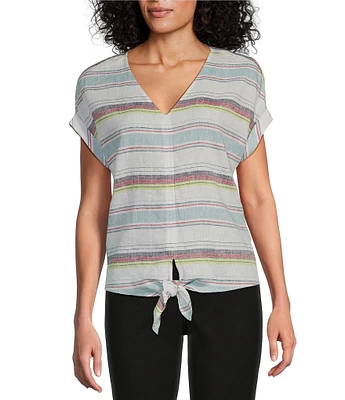 Westbound Petite Size Meadow Stripe Short Sleeve V-Neck Tie Front Top