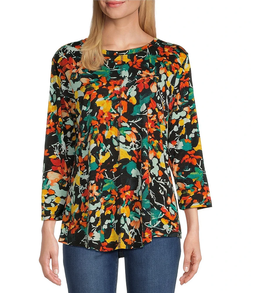 Westbound Petite Size Abstract Midnight Floral Print 3/4 Sleeve Knit Crew Neck Top