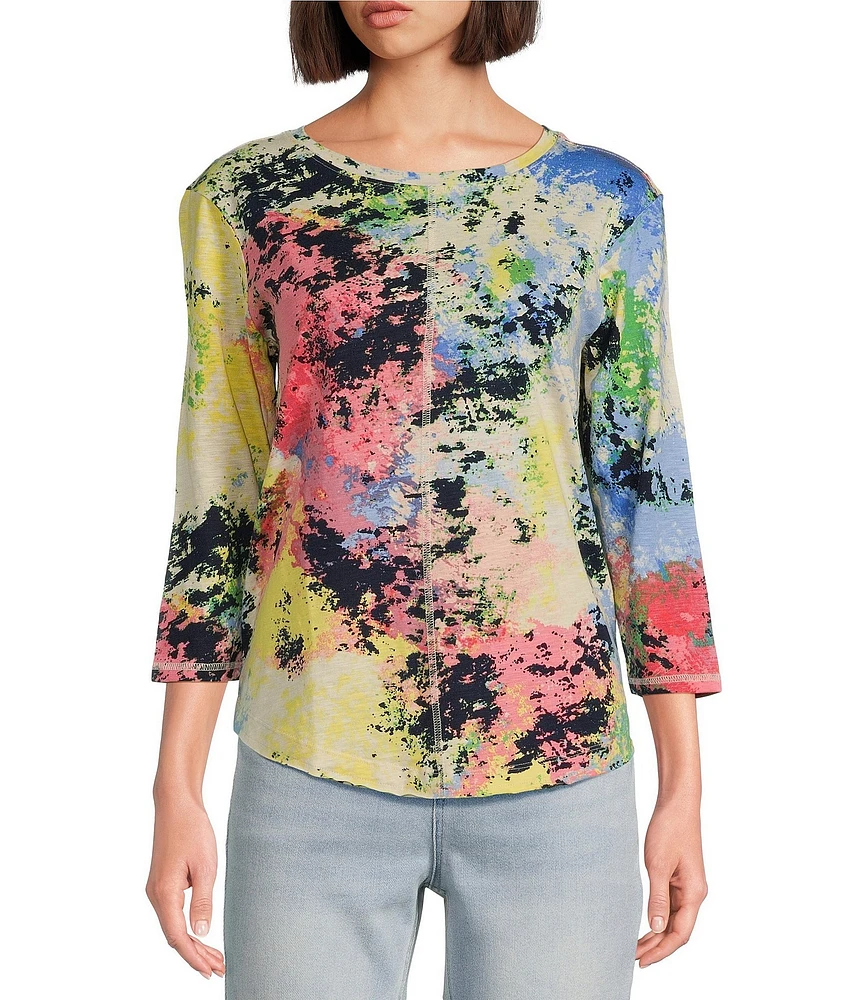 Westbound Petite Size Multi Splatter Print 3/4 Sleeve Knit Crew Neck Top