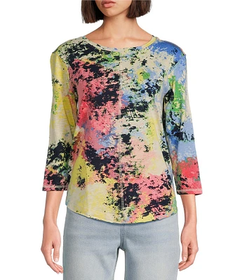Westbound Petite Size Multi Splatter Print 3/4 Sleeve Knit Crew Neck Top