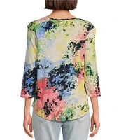 Westbound Petite Size Multi Splatter Print 3/4 Sleeve Knit Crew Neck Top