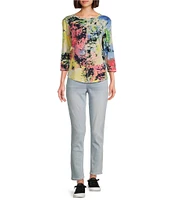 Westbound Petite Size Multi Splatter Print 3/4 Sleeve Knit Crew Neck Top