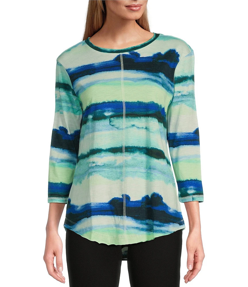 Westbound Petite Size Ocean Stripe 3/4 Sleeve Knit Crew Neck Top