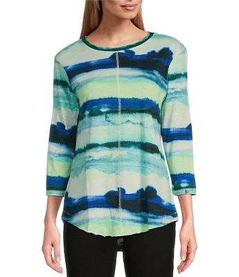 Westbound Petite Size Ocean Stripe 3/4 Sleeve Knit Crew Neck Top