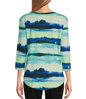 Westbound Petite Size Ocean Stripe 3/4 Sleeve Knit Crew Neck Top