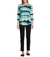 Westbound Petite Size Ocean Stripe 3/4 Sleeve Knit Crew Neck Top