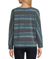 Westbound Petite Size Oceanic Stripe Print Knit Long Sleeve Crew Neck Ruched Shirt