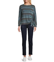 Westbound Petite Size Oceanic Stripe Print Knit Long Sleeve Crew Neck Ruched Shirt