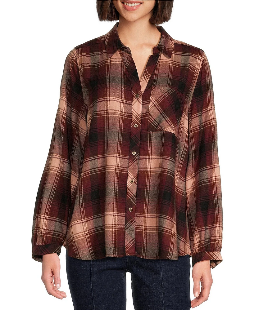 Westbound Petite Size Ombre Plaid Print Long Sleeve Y-Neck Button Front Collared Top