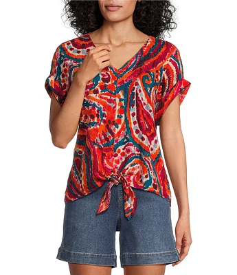Westbound Petite Size Paisley Overly Short Sleeve V-Neck Tie Front Top