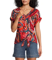 Westbound Petite Size Paisley Overly Short Sleeve V-Neck Tie Front Top