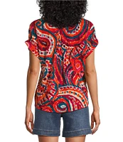Westbound Petite Size Paisley Overly Short Sleeve V-Neck Tie Front Top