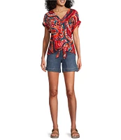 Westbound Petite Size Paisley Overly Short Sleeve V-Neck Tie Front Top