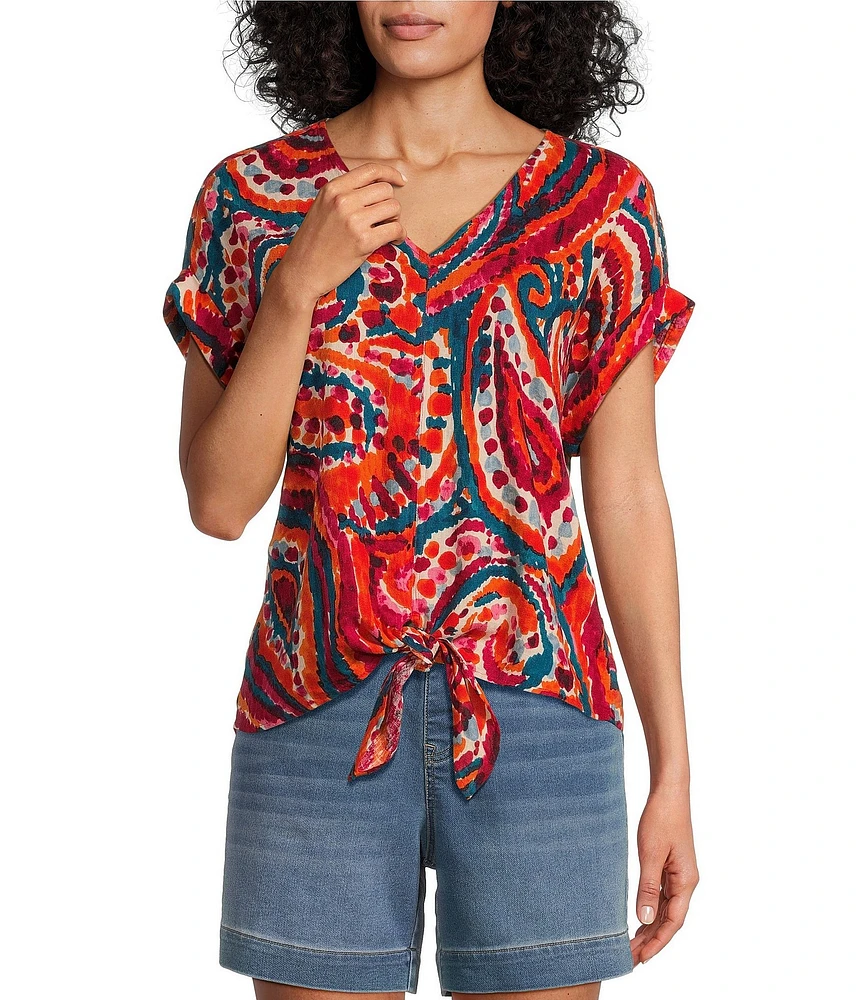 Westbound Petite Size Paisley Overly Short Sleeve V-Neck Tie Front Top