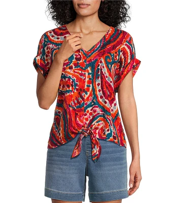 Westbound Petite Size Paisley Overly Short Sleeve V-Neck Tie Front Top
