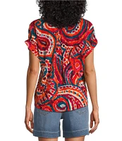 Westbound Petite Size Paisley Overly Short Sleeve V-Neck Tie Front Top