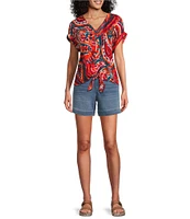 Westbound Petite Size Paisley Overly Short Sleeve V-Neck Tie Front Top
