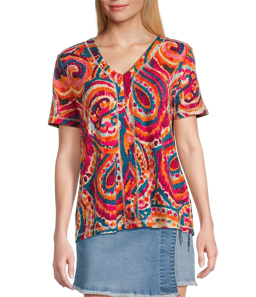 Westbound Petite Size Paisley Overly Short Sleeve V-Neck Top