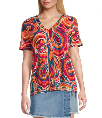Westbound Petite Size Paisley Overly Short Sleeve V-Neck Top