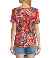Westbound Petite Size Paisley Overly Short Sleeve V-Neck Top