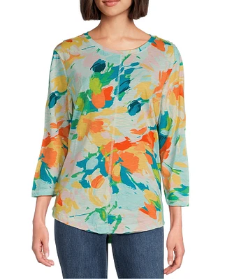 Westbound Petite Size Paradise Floral 3/4 Sleeve Knit Crew Neck Top