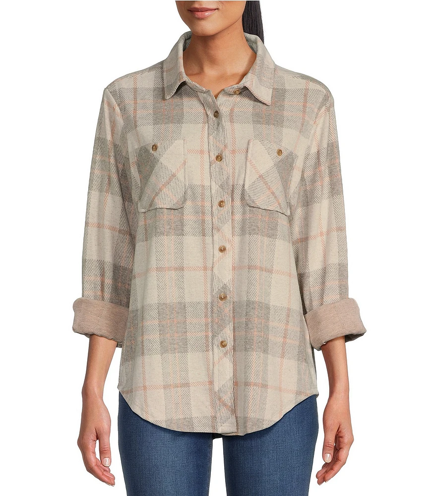 Westbound Petite Size Plaid Long Sleeve Collared Button Front Top