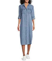 Westbound Petite Size Point Collar 3/4 Roll-Tab Sleeve Button-Front Chambray Midi Shirt Dress
